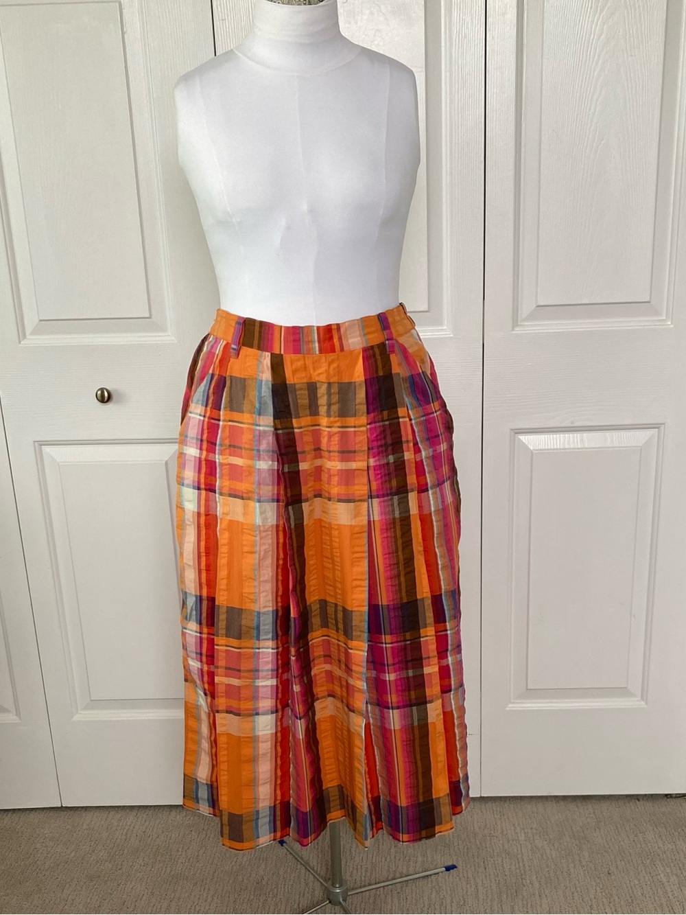Anthropologie Maeve Multicolor Madras Plaid Midi Skirt - Orange & Pink